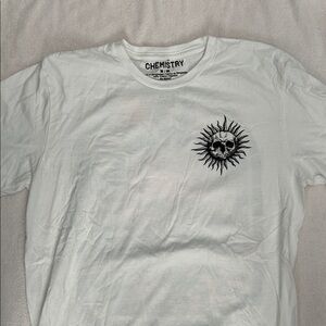Chemistry White Tee with Sun and Skull Design